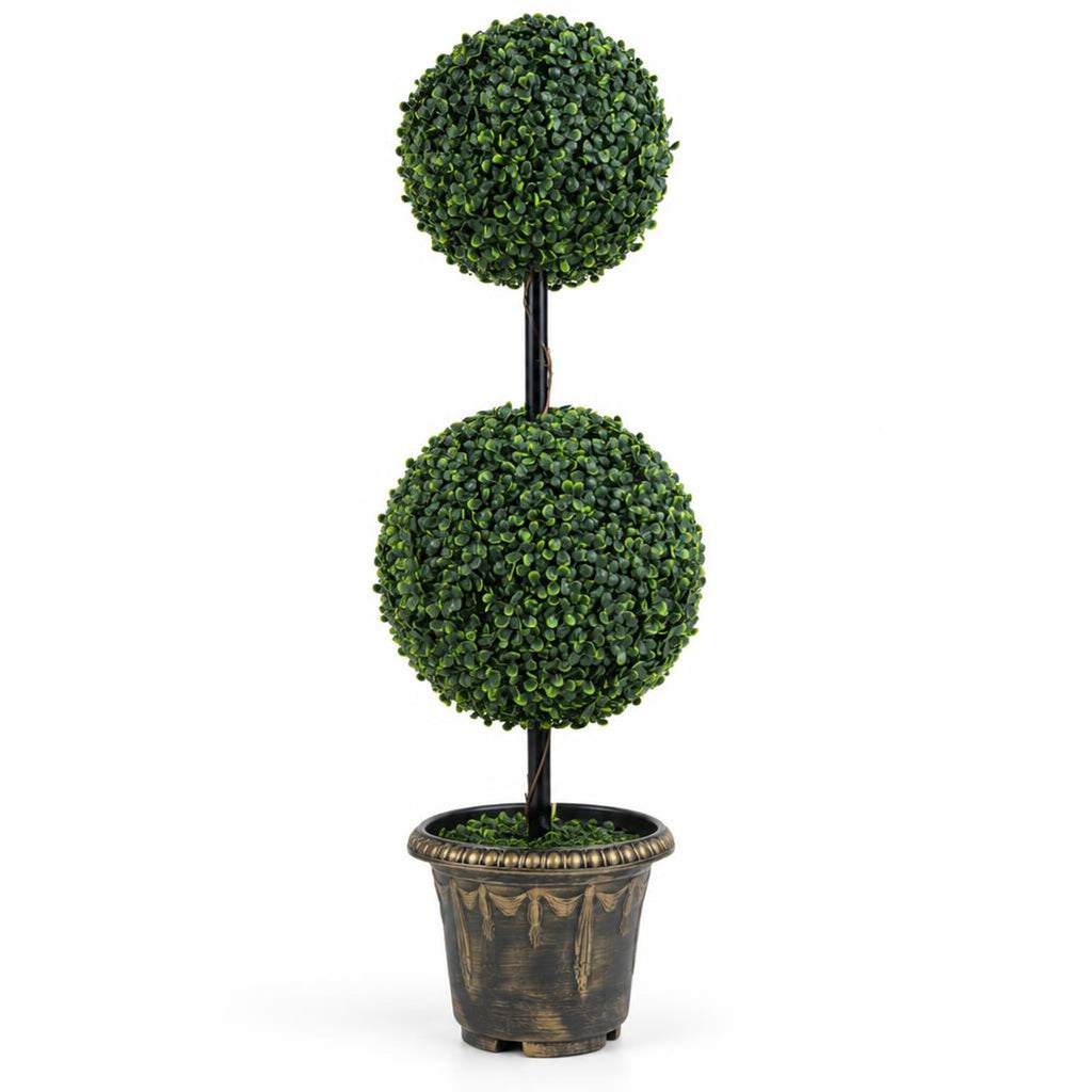 Airfind 3 FT Artificial Boxwood Topiary Tree Double Ball Shrubs, PE Metal Solid Wood Cement PP Tree Height 35 Pot Frame, Green Black Golden