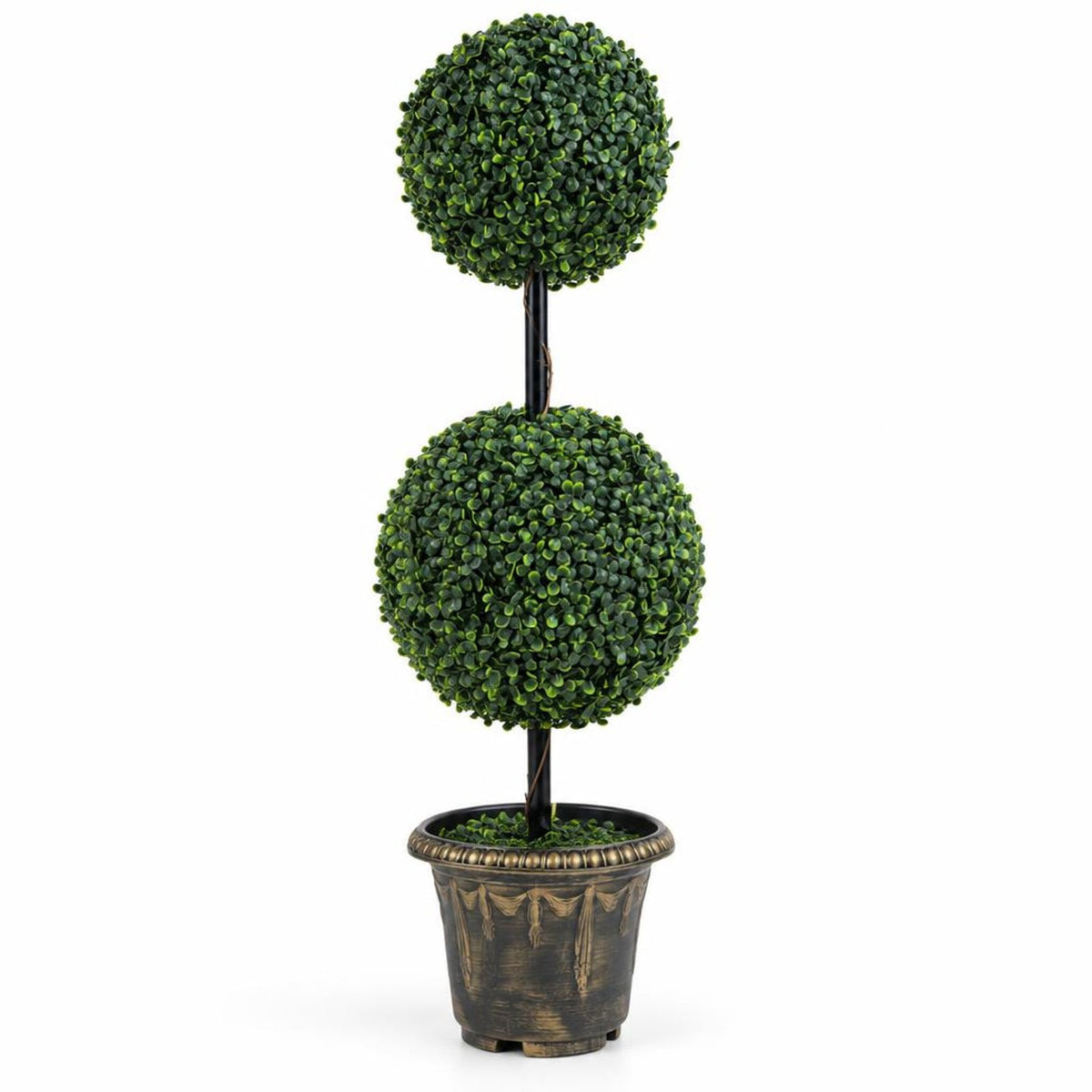 Airfind 3 FT Artificial Boxwood Topiary Tree Double Ball Shrubs, PE Metal Solid Wood Cement PP Tree Height 35 Pot Frame, Green Black Golden