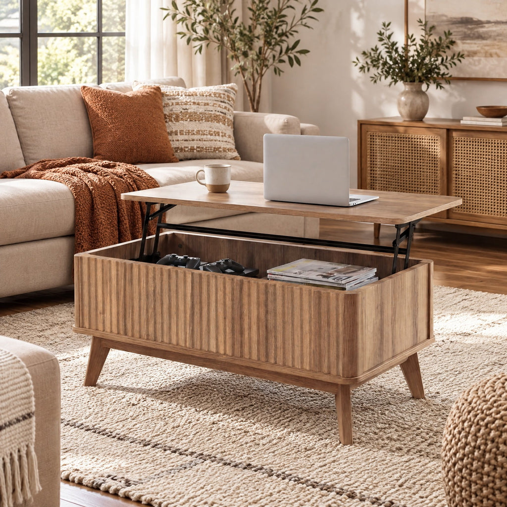 Airfind 35.5 Rectangle Wooden Fluted Lift Top Coffee Table, 220 lbs Capacity, Rubber Wood MDF Frame, Walnut