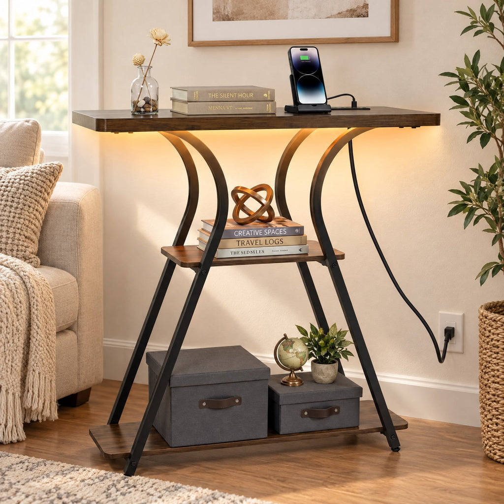 Airfind 32 Inch Narrow Long Entryway Table with Power Outlets and LED Lights, 88 lbs Capacity, Engineered Wood Metal Frame, Brown