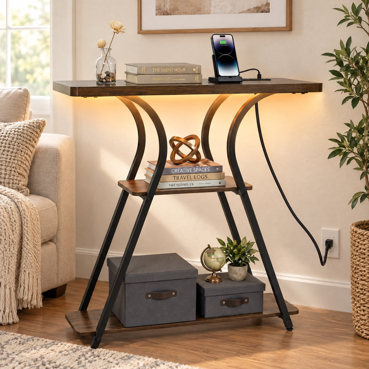 Airfind 32 Inch Narrow Long Entryway Table with Power Outlets and LED Lights, 88 lbs Capacity, Engineered Wood Metal Frame, Brown