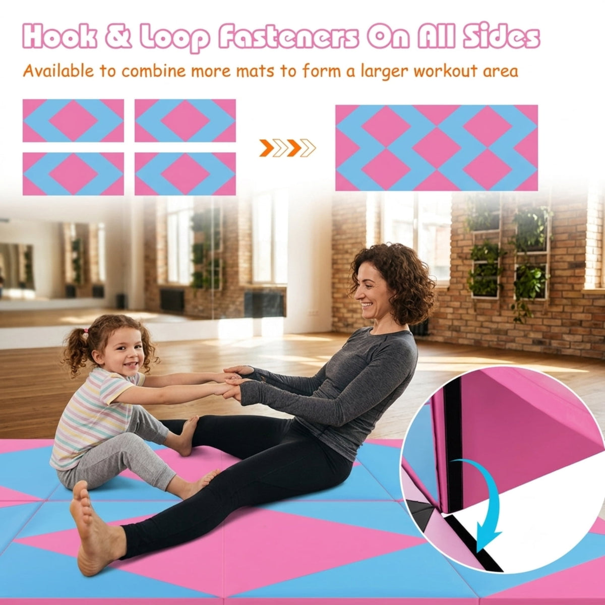 Airfind 8 Feet PU Leather Folding Gymnastics Mat with Hook and Loop Fasteners and Carry Handles for Kids Tumbling and Cheerleading, Blue