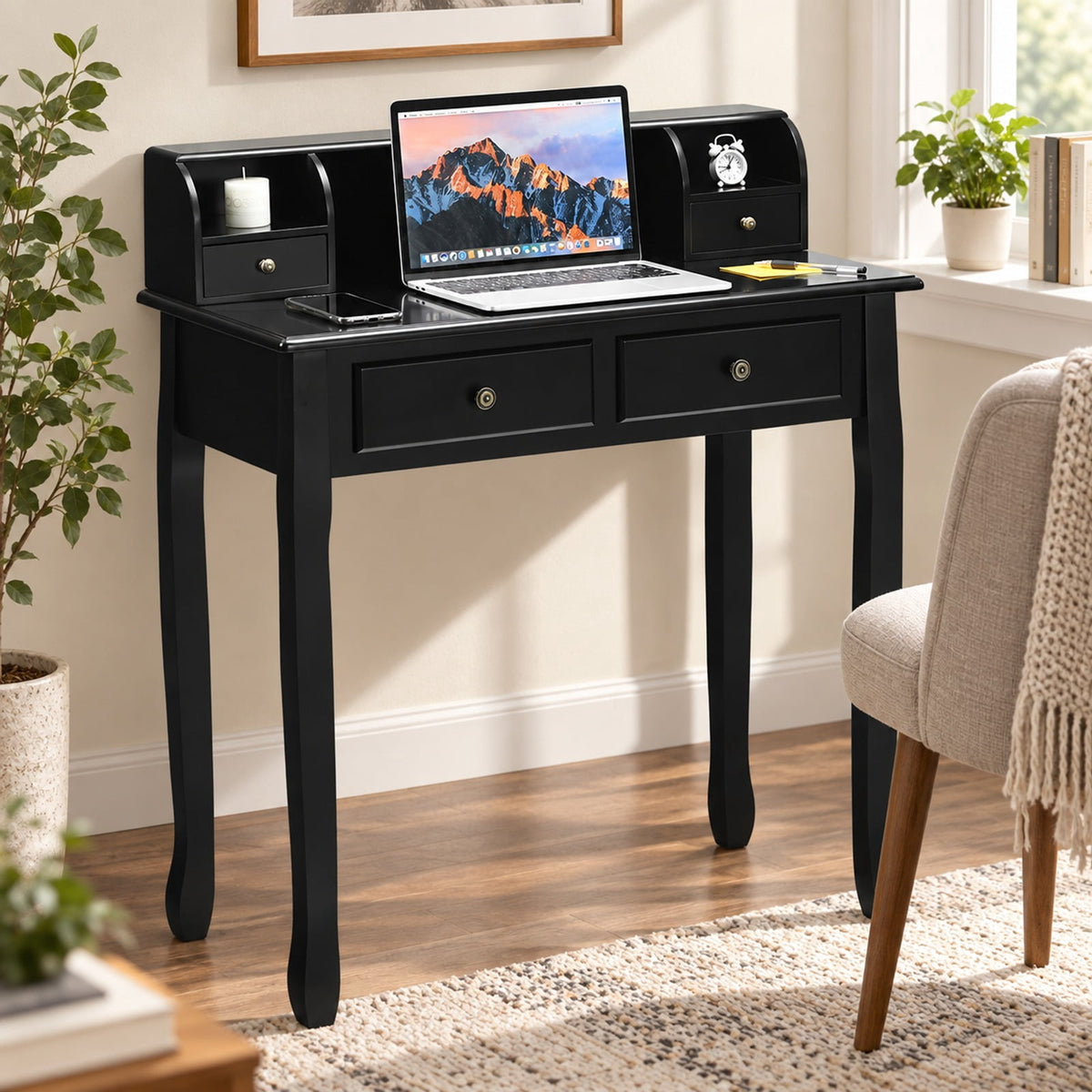 Airfind Writing Desk 2-Tier Vanity Desk Computer Desk with 4 Drawers, 287 lbs Capacity, MDF Frame, 31.5 x 16 x 37 Footprint, Black