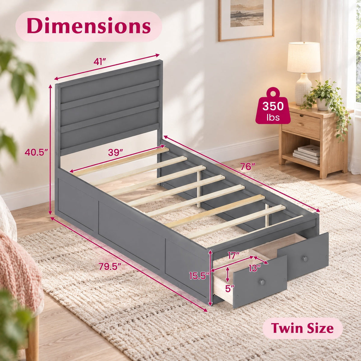Airfind Twin Size Bed Frame with Storage Drawers and Headboard, 350 lbs Capacity, Solid Wood Plywood Engineered Wood MDF Frame, Gray