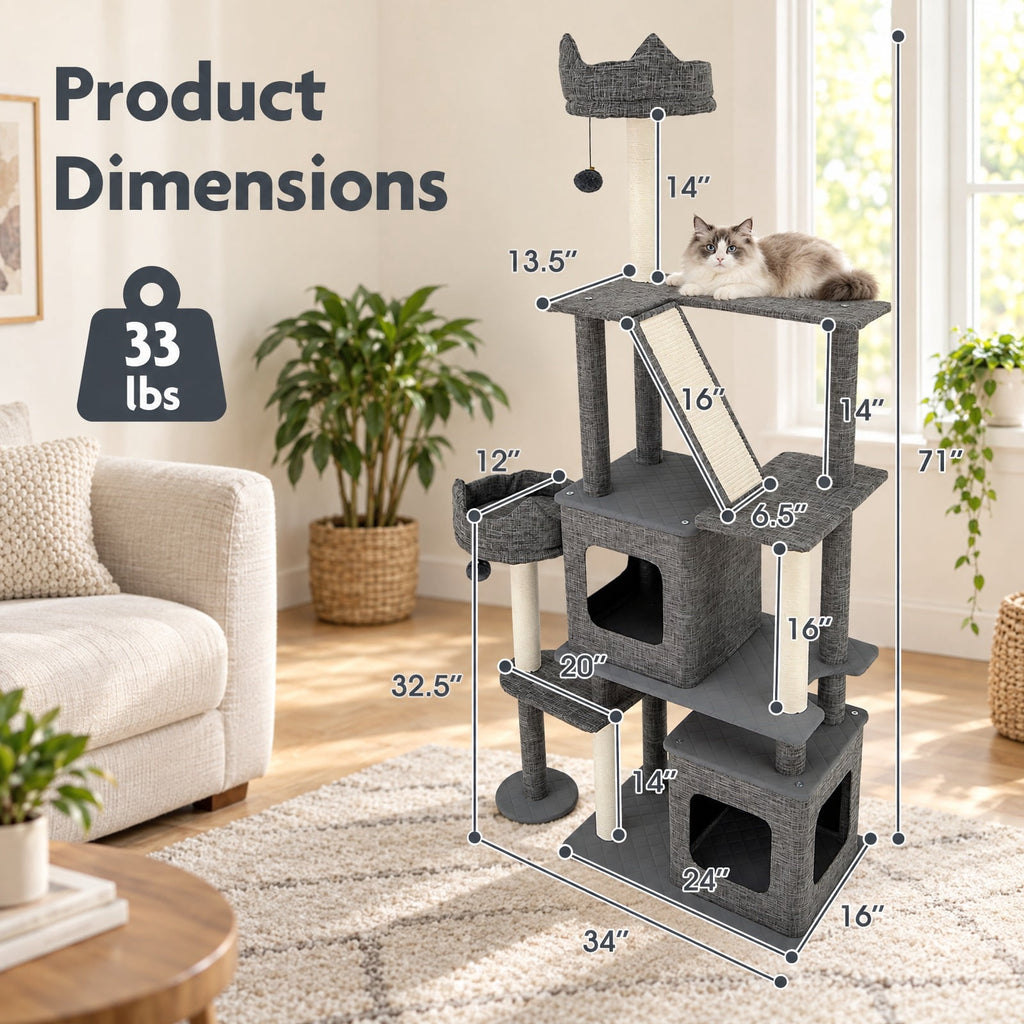 Airfind 71 Inch Tall Cat Tree Multi-Level Large Cat Tower with Scratching Posts, 33 lbs Capacity, 34in x 16in x 71in Condo Footprint, Grey