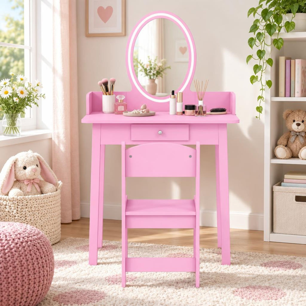 AIRFIND Kids Vanity Table and Chair with Lighted Acrylic Mirror, Drawer and Jewelry Organizer, Removable Mirror for Ages 3-8, Pink