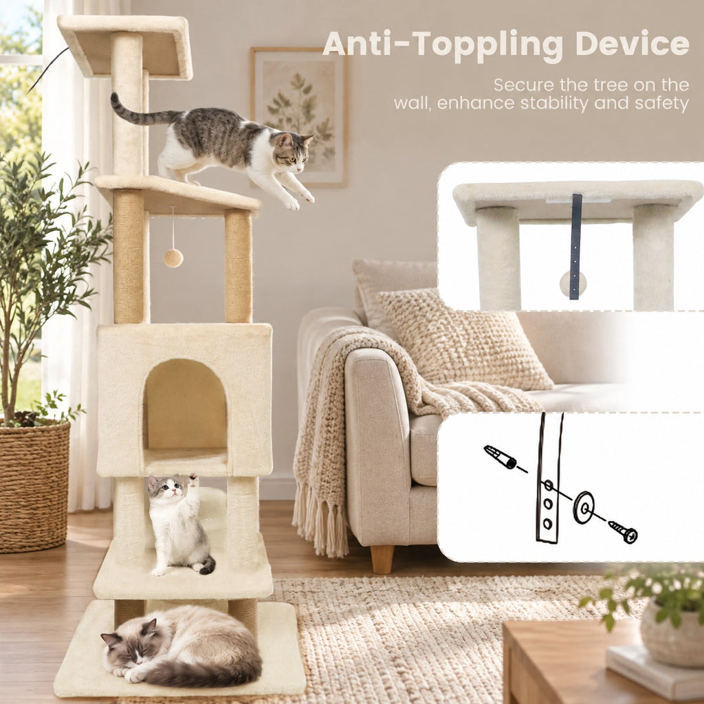 Airfind 64 Inch Tall Cat Tree with 2 Large Condos and Jute Scratching Posts for Indoor Adult Cats, 33 lbs Capacity, Beige