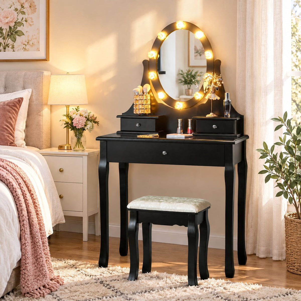 Airfind 3 Drawers Lighted Mirror Vanity Dressing Table Stool Set, Pine PE plastic MDF Frame, 30 Inch x 16 Inch x 55 Inch (L x W x H) The Footprint, Black