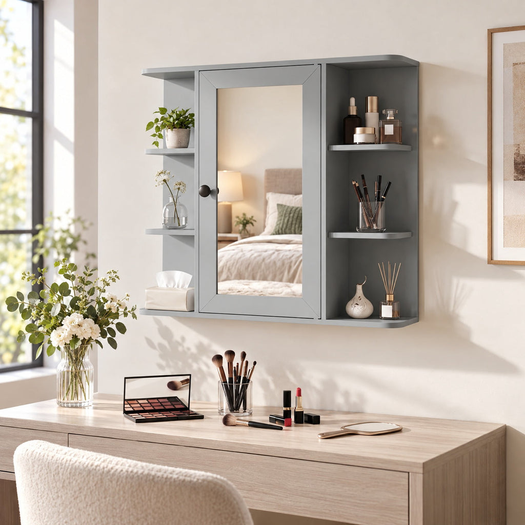 Airfind Wall Mounted Bathroom Medicine Cabinet with Mirror and Shelves, 120 lbs Capacity, MDF Engineered Wood Glass Frame, Gray