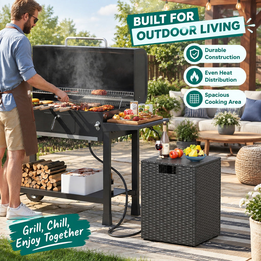 Airfind Rattan Propane Tank Cover Patio Hideaway Tank Side Table, 80 lbs Capacity, PE Rattan Metal Frame, 16 x 16 x 22.5 Footprint, Black
