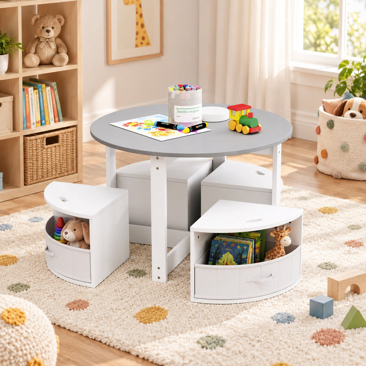 Airfind Youth Round Nesting Table, 5 Piece, with 4 Storage Stools for Activity, 110 lbs Capacity, MDF Frame, for 3+ years old, Gray