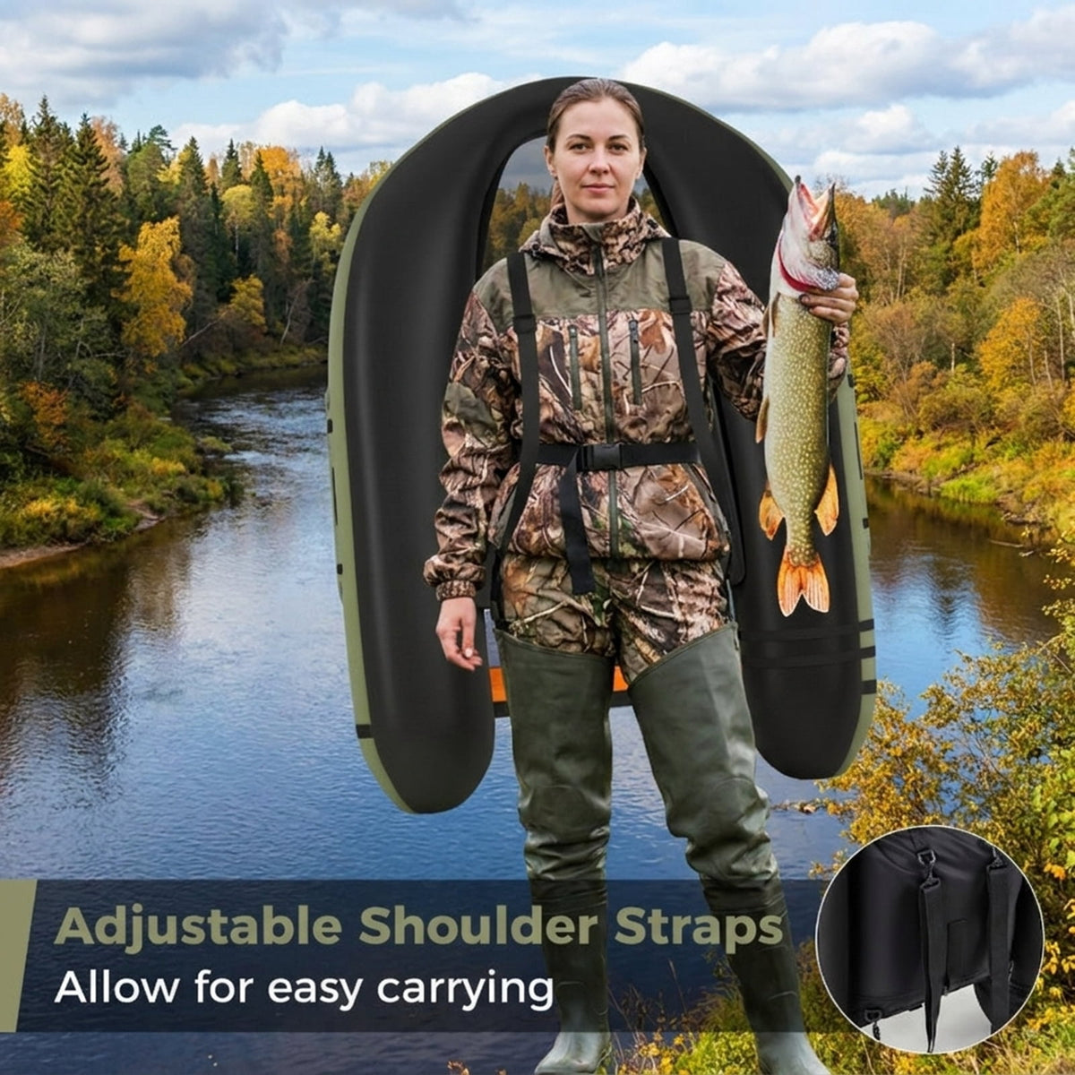 Airfind Inflatable Fishing Float Tube with foot pump and fish ruler plus mesh pockets and 350 lb heavy-duty PVC float seat for lake and pond bass fly fishing, Green