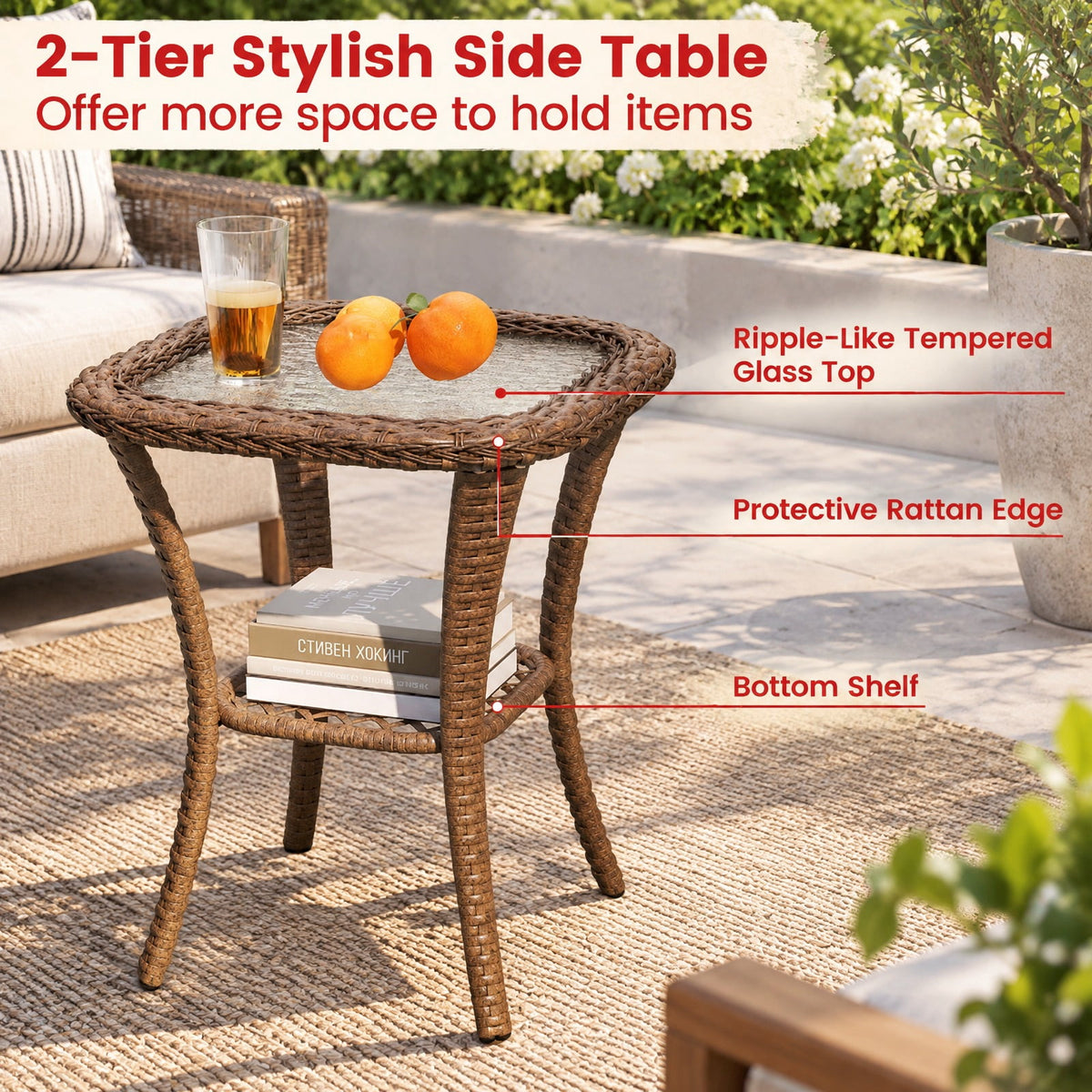 AIRFIND Patio Swivel Rocker Set of 3 with Cushioned Chairs, Tempered Glass Side Table and Metal Frame, 400 lb Chair Capacity, White