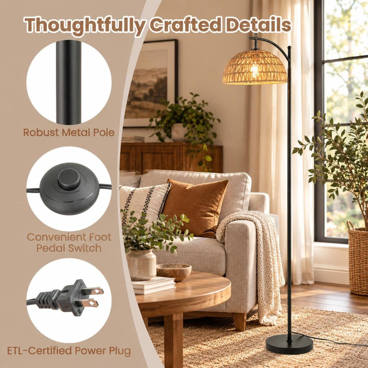 Airfind Arc Floor Lamp 63 Inches Tall Pole Lamp with Hanging Lampshade, Metal Paper Rope Frame, 10 Inch × 63 Inch Footprint, Black