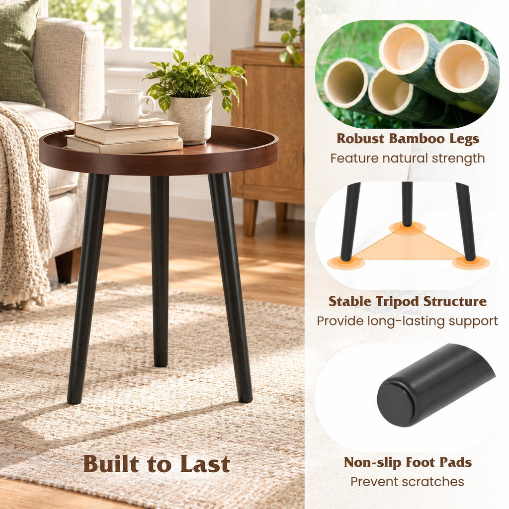 Airfind Mid Century Modern Round Side Sofa Coffee Table with Wooden Tray, 33 lbs Capacity, MDF panel bamboo feet Frame, Brown