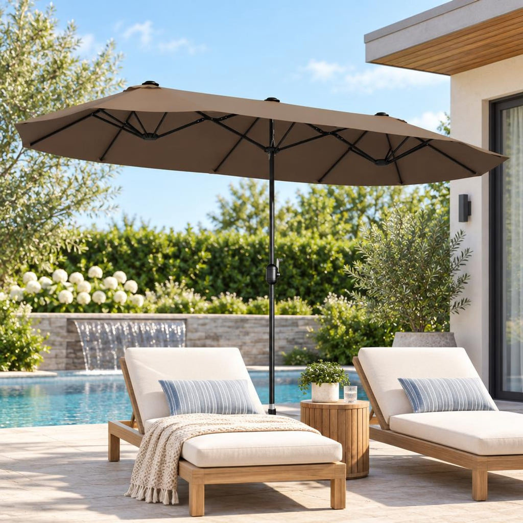 Airfind 13FT Double-sided Patio Twin Table Umbrella with Crank Handle, Metal 180g Yarn Dyed Fabric PA Coating Frame, Tan