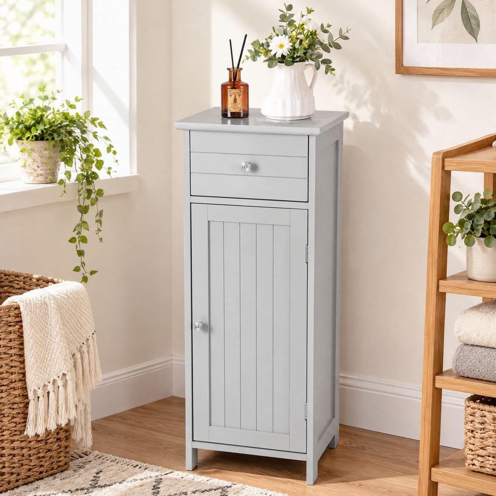 Airfind Wooden Bathroom Floor Storage Cabinet with Drawer and Shelf, 22 lbs Capacity, MDF Frame, 14 Inch x 12 Inch x 34.5 Inch Footprint, Gray