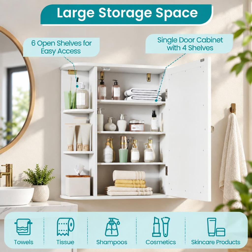 Airfind Multipurpose Mount Wall Mirror Bathroom Storage Cabinet, 44 lbs Capacity, MDF Frame, 26in x 6.5in x 25in (L x W x H) Open Compartment Footprint