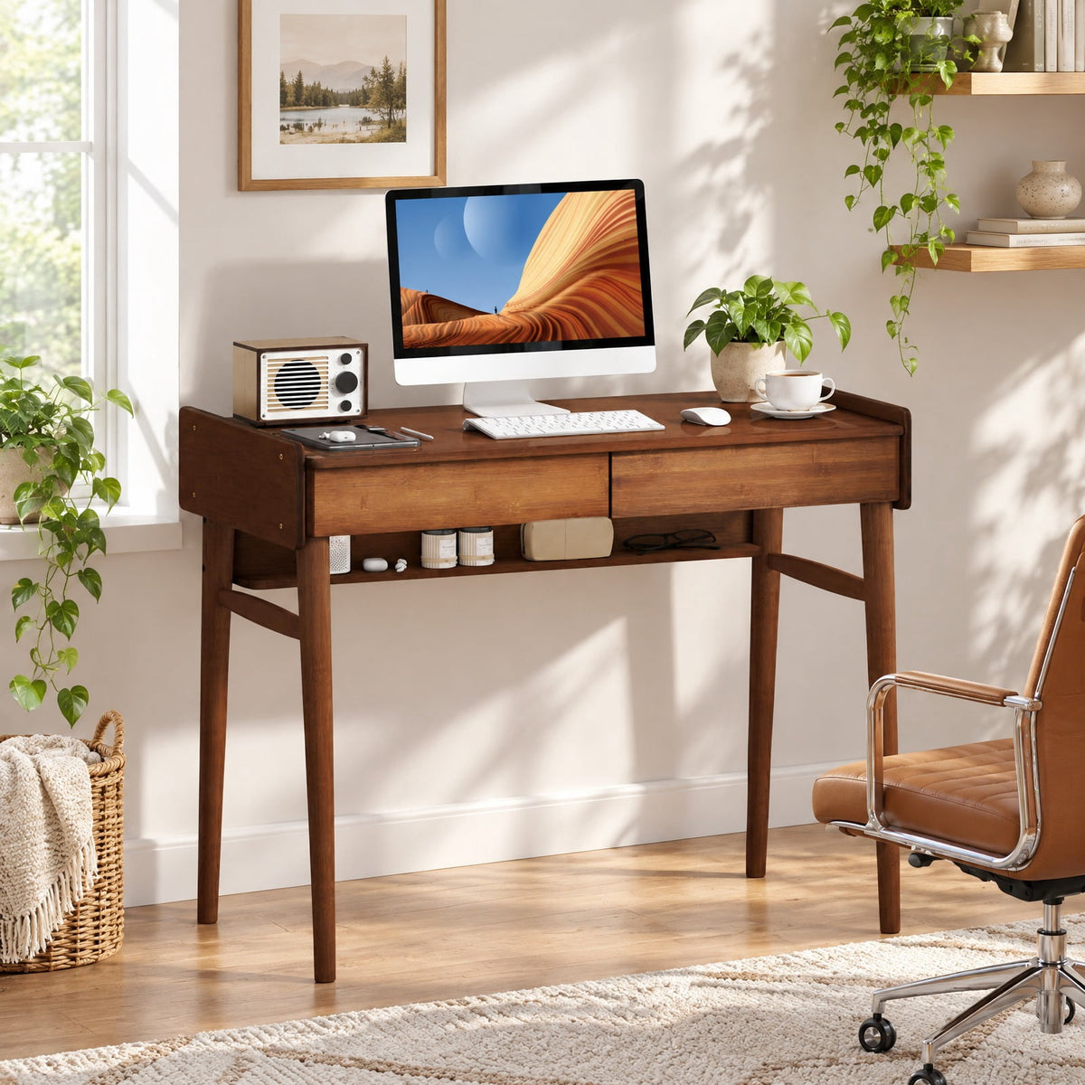 Airfind Bamboo Writing Desk with 2 Storage Drawers and Open Shelf, 110 lbs Capacity, Bamboo Frame, Walnut