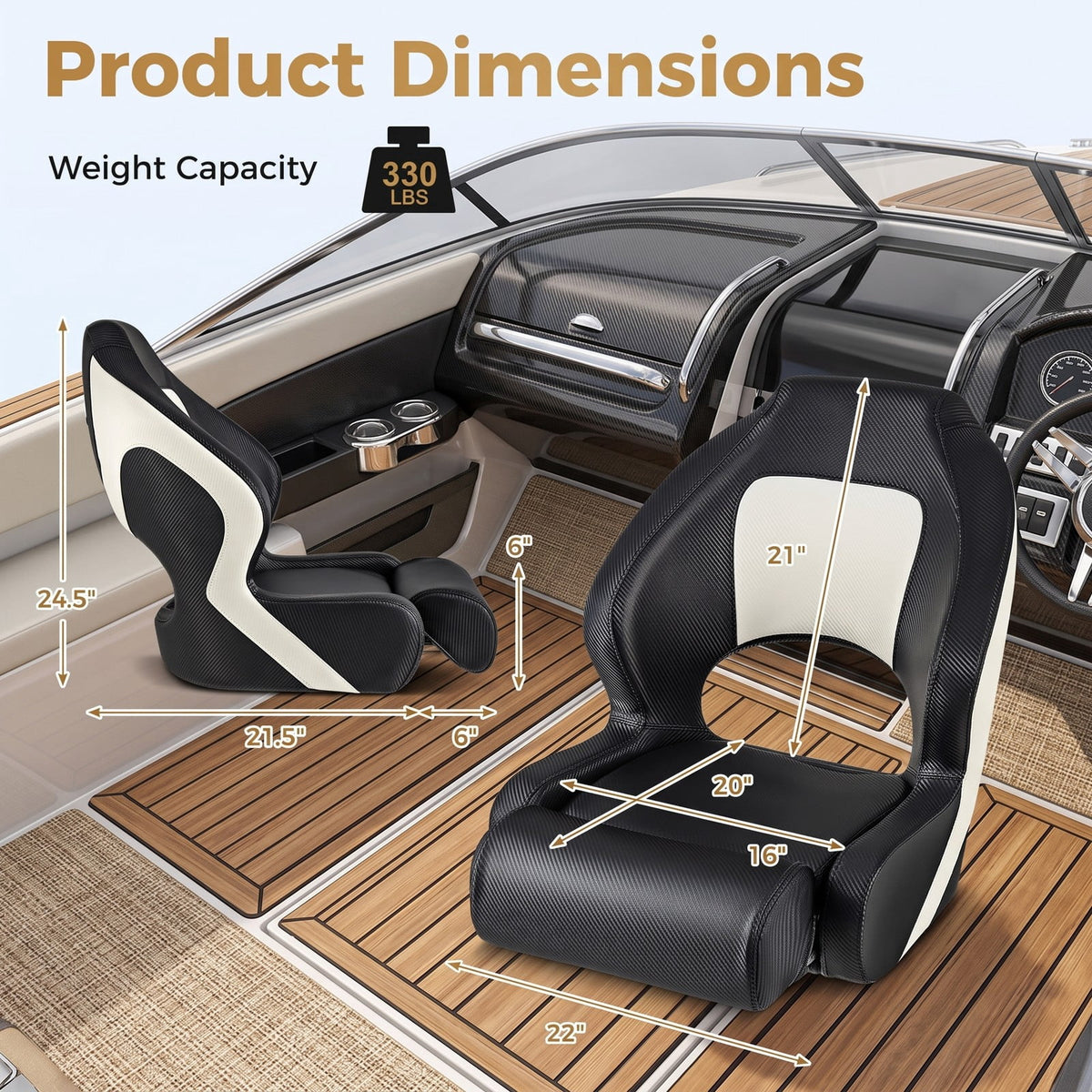 Airfind Captain Bucket Boat Seat with Flip Up Bolster and Curved Armrests for Cabin and Sightseeing Boats, Black and White