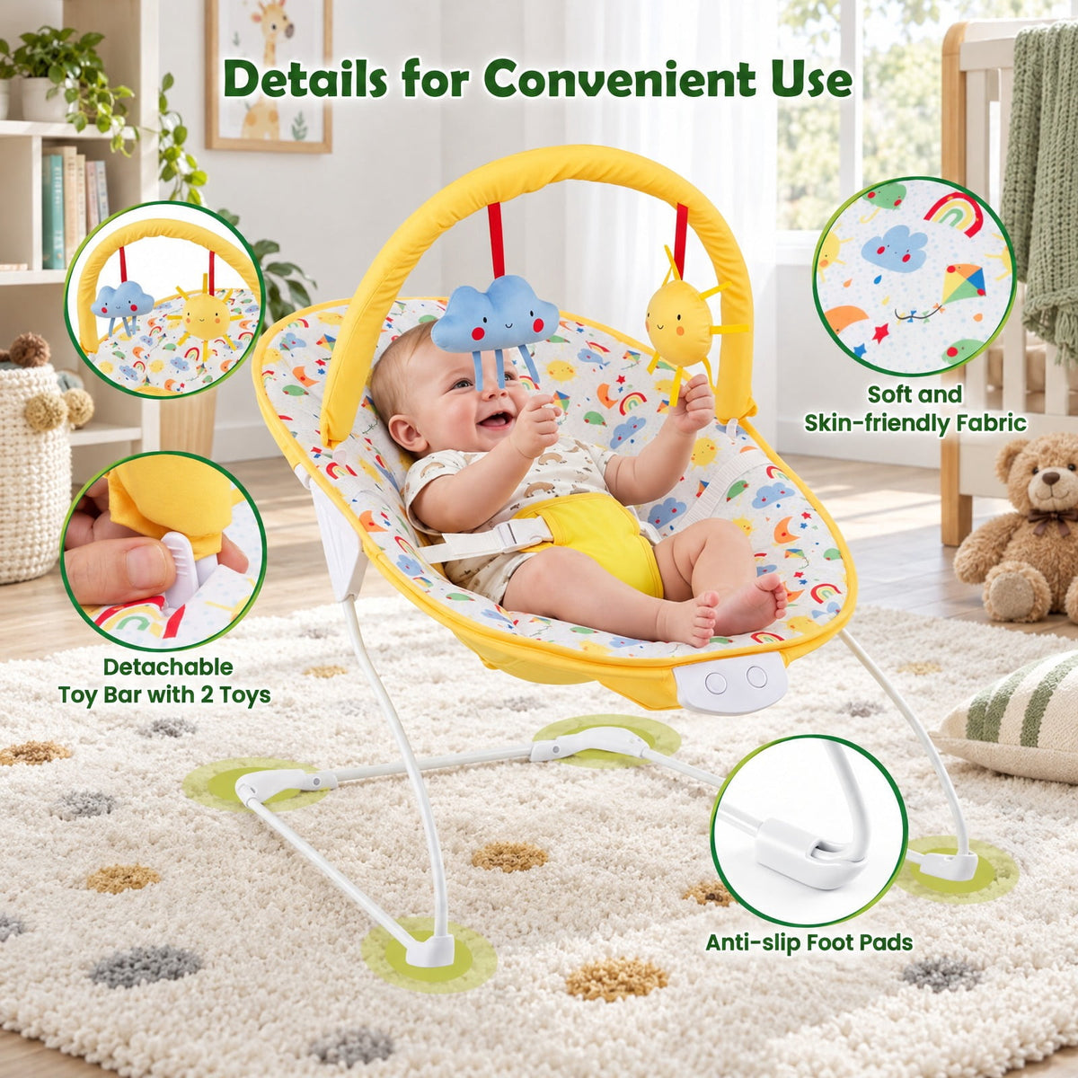 Airfind Portable Nursery Bouncer, Nursery Rocker Seat with Detachable Toy Bar, 20 lbs Capacity, Peach Velvet Fabric Polyester Metal ABS TPE, Yellow