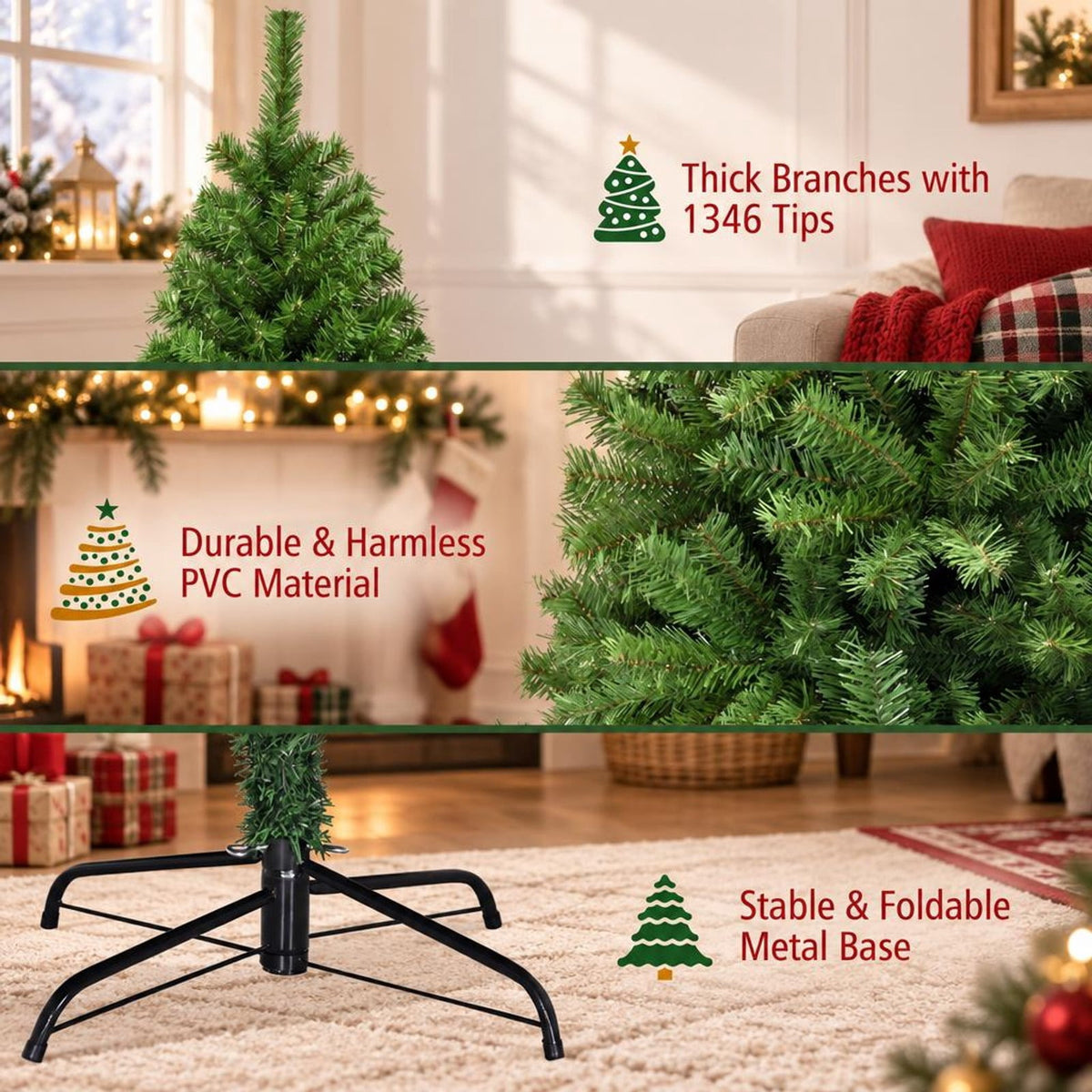 Airfind PVC Artificial Christmas Tree Premium Hinged-7.5 ft, PVC iron Frame, 3.8ft x 6ft Footprint, Green