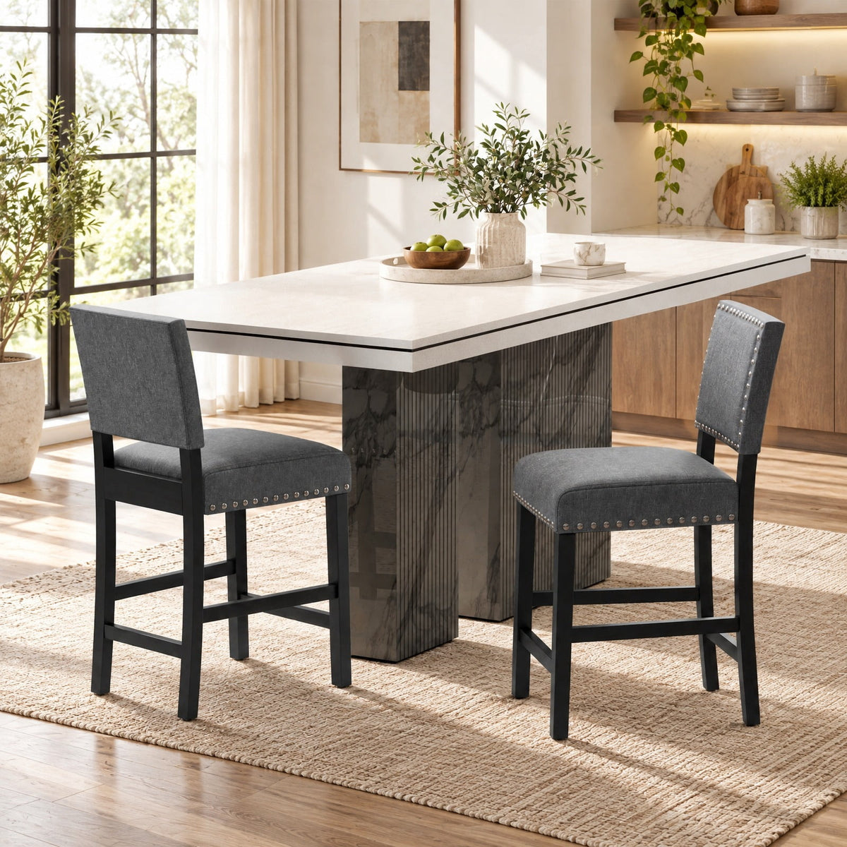 Airfind 38.5/43.5 Inch Set of 2 Counter Height Chairs with Solid Rubber Wood Frame, 330 lbs Capacity, Rubber Wood Linen Fabric Sponge Metal Frame