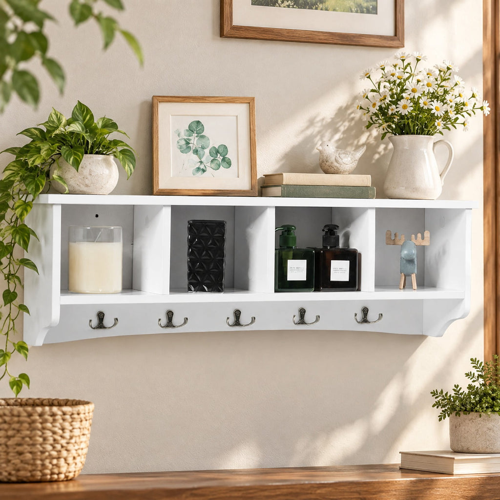 Airfind Wall-Mounted Storage Cabinet Hanging Entryway Shelf Coat Rack, 11 lbs Capacity, P2 MDF Frame, White