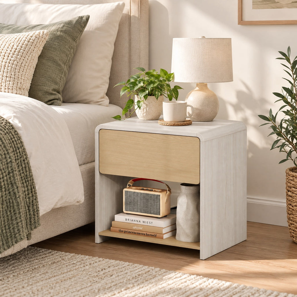Airfind 2-Tier Modern Style Nightstand with Drawer and Open Shelf, 77 lbs Capacity, Metal Engineered Wood Frame, 24in x 18in x 23in Footprint, Oak