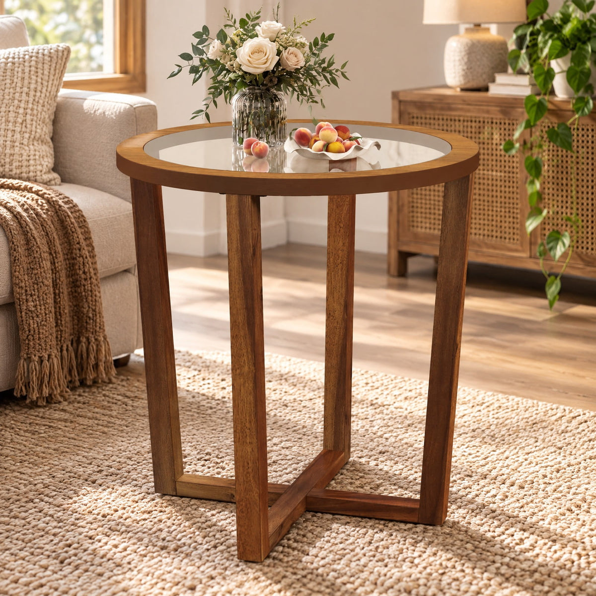 Airfind Modern Round End Table Sofa Side Table with Transparent Tempered Glass Top, 90 lbs Capacity, Tempered Glass Acacia Wood MDF Plywood Frame