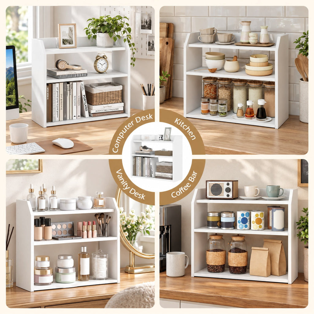 Airfind 3-Tier Desktop Bookshelf Wooden Countertop Bookcase with Raised Top Guardrails, 33 lbs Capacity, Engineered Wood Frame, White