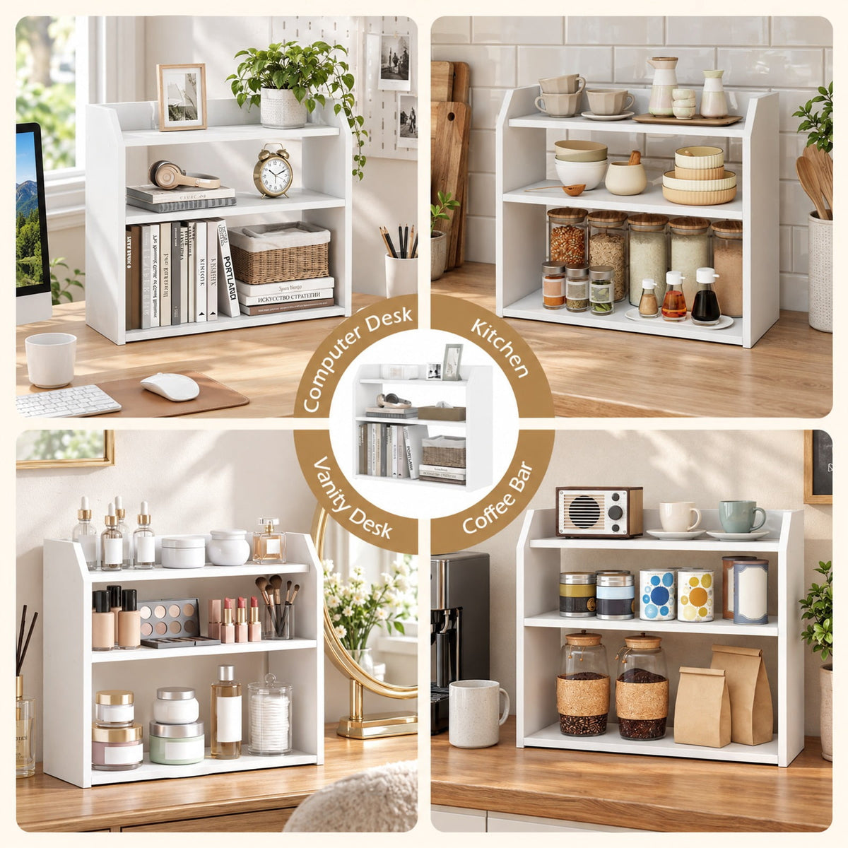 Airfind 3-Tier Desktop Bookshelf Wooden Countertop Bookcase with Raised Top Guardrails, 33 lbs Capacity, Engineered Wood Frame, White