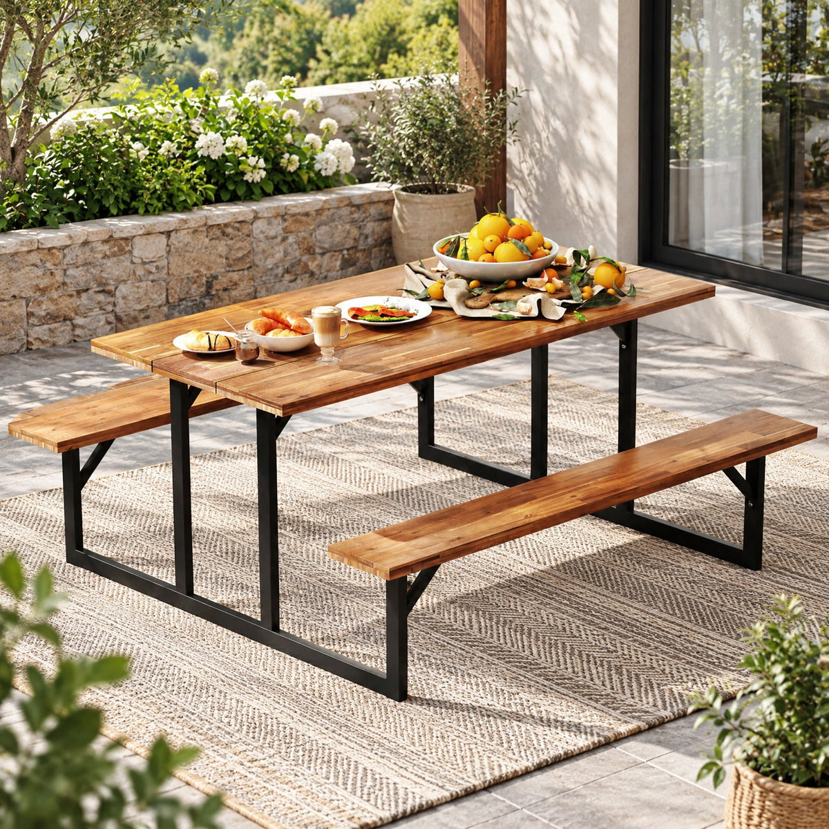Airfind 6-Person Acacia Wood Picnic Table with 2 Built, of Tabletop 330 lbs Capacity, Acacia Wood Metal Frame, 63 x 61.5 x 29 Footprint, Wood