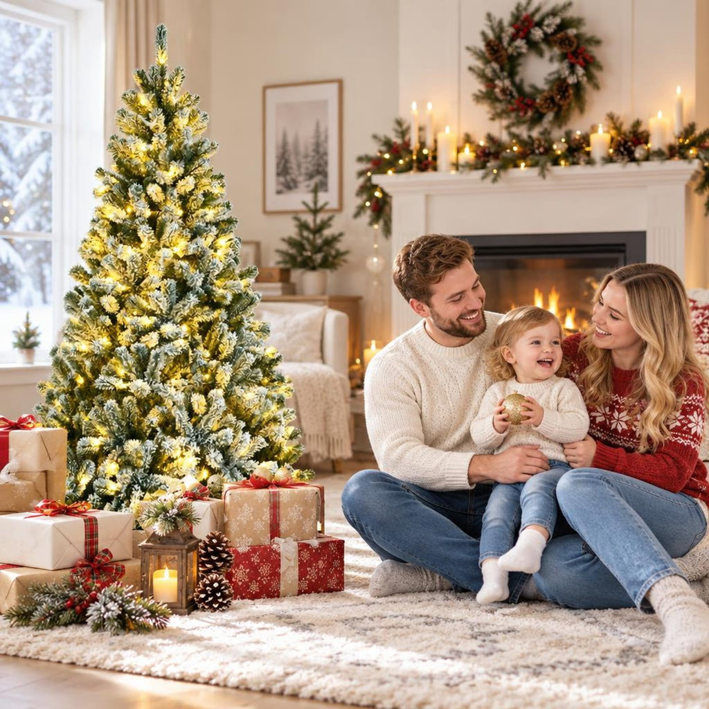Airfind 6 Feet Pre-lit Snow Flocked Hinged Christmas Tree with 928 Tips and Metal Stand-6 ft, PVC metal Frame, 3.4 x 6/4 x 7/4.9 x 8 Footprint