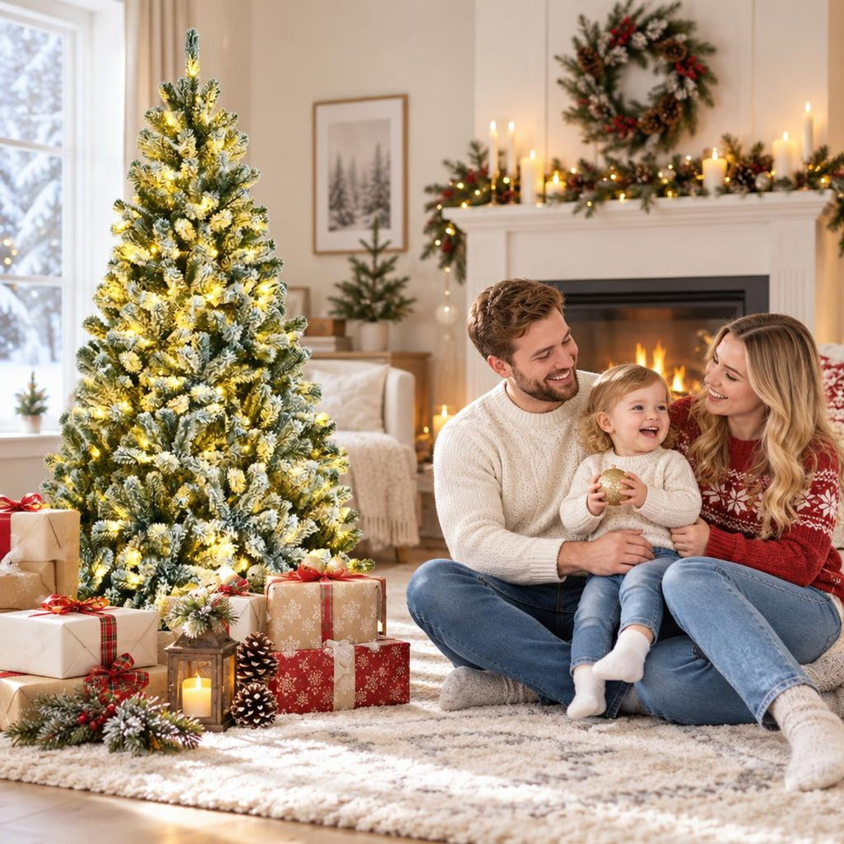 Airfind 6 Feet Pre-lit Snow Flocked Hinged Christmas Tree with 928 Tips and Metal Stand-6 ft, PVC metal Frame, 3.4 x 6/4 x 7/4.9 x 8 Footprint