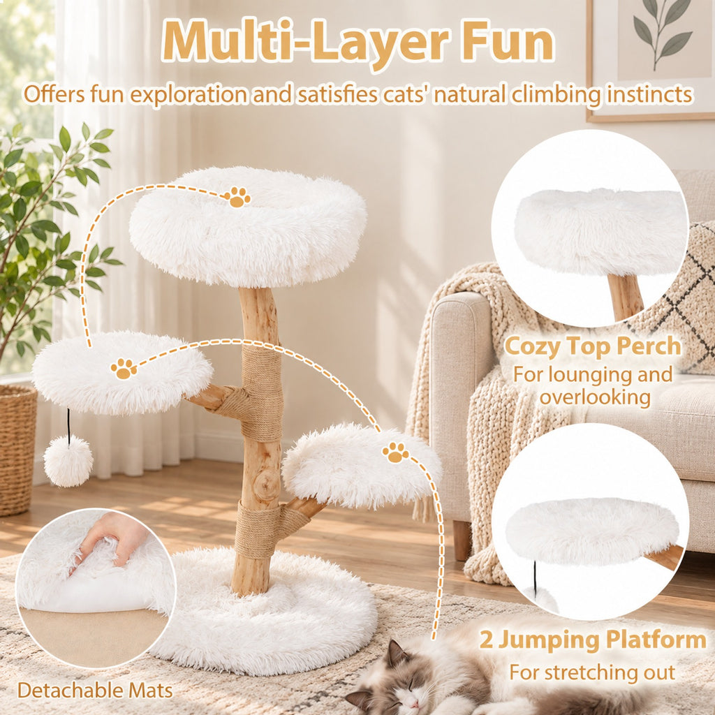 Airfind Cat Tree Solid Pear Wood with Perch and Natural Jute Scratching Posts, 22 lbs Capacity, Pear Wood Jute Long Plush Fabric Frame, White