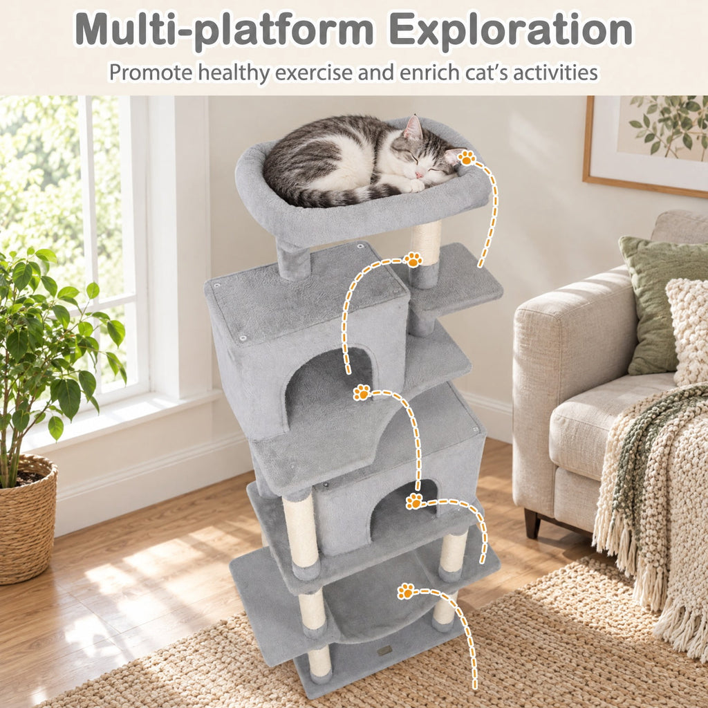 Airfind Large Cat Tree for Indoor Cats 70 Tall Cat Tower, 33 lbs Capacity, Plush Fabric Sisal Engineered Wood Overall Height 70 Base Frame