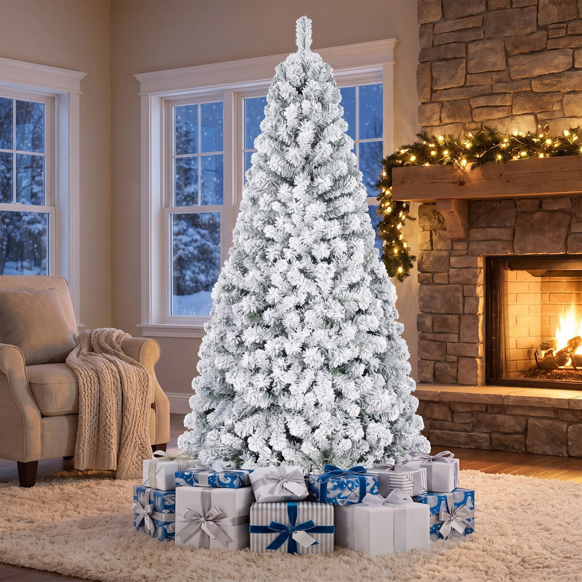 Airfind Artificial Snow-Flocked Christmas Tree with Branch Tips, PVC Metal Frame, 3 x 6 ft Tree Height 6 ft Tree Width 3 ft Footprint, Green