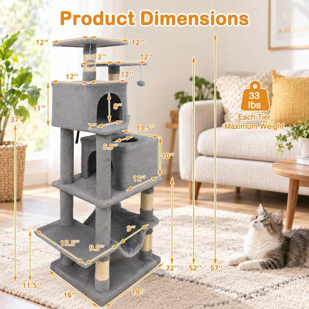 Airfind 57 Inch Cat Tree with Dual Condos and Hammock and 2 Dangling Balls, 29 x 16 Footprint, Light Gray