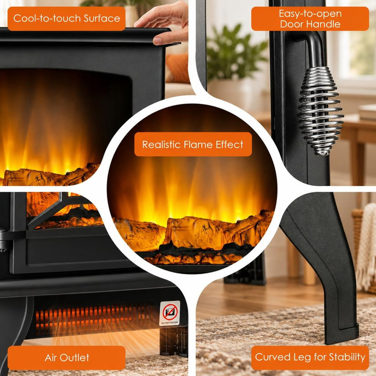 Airfind Freestanding Fireplace Heater featuring Realistic Dancing Flame Effect, 50 lbs Power Rating: 1400W Capacity, Steel Tempered Glass Frame, Black