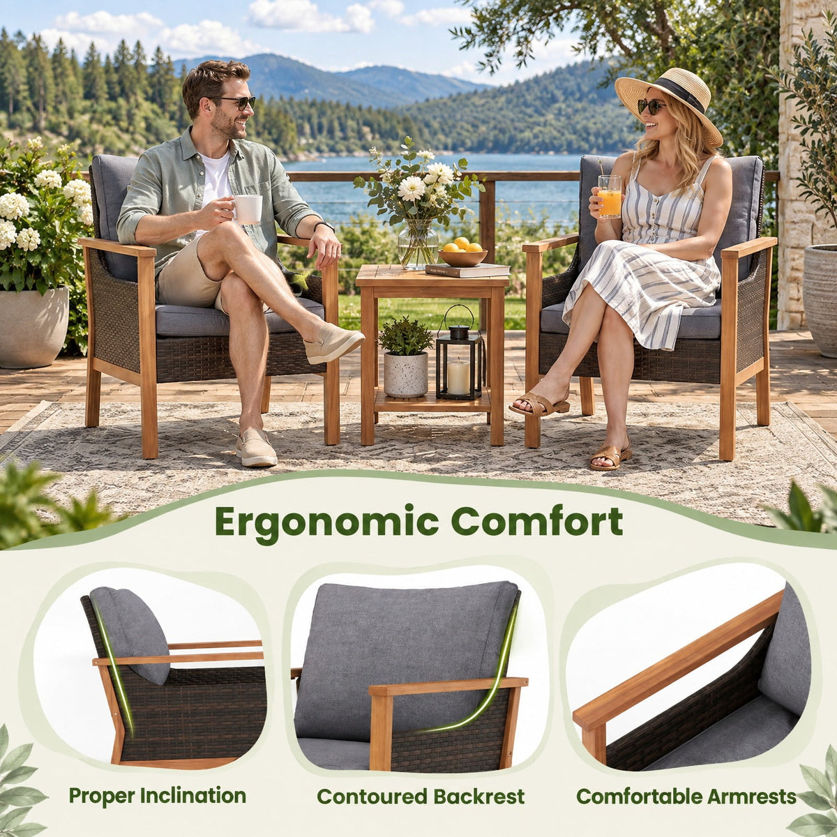 AIRFIND 3 Piece Patio Furniture Set with 2 Cushioned Chairs, Acacia Wood Frame and 2-Tier Side Table, Mix Brown PE Rattan and Gray Cushions