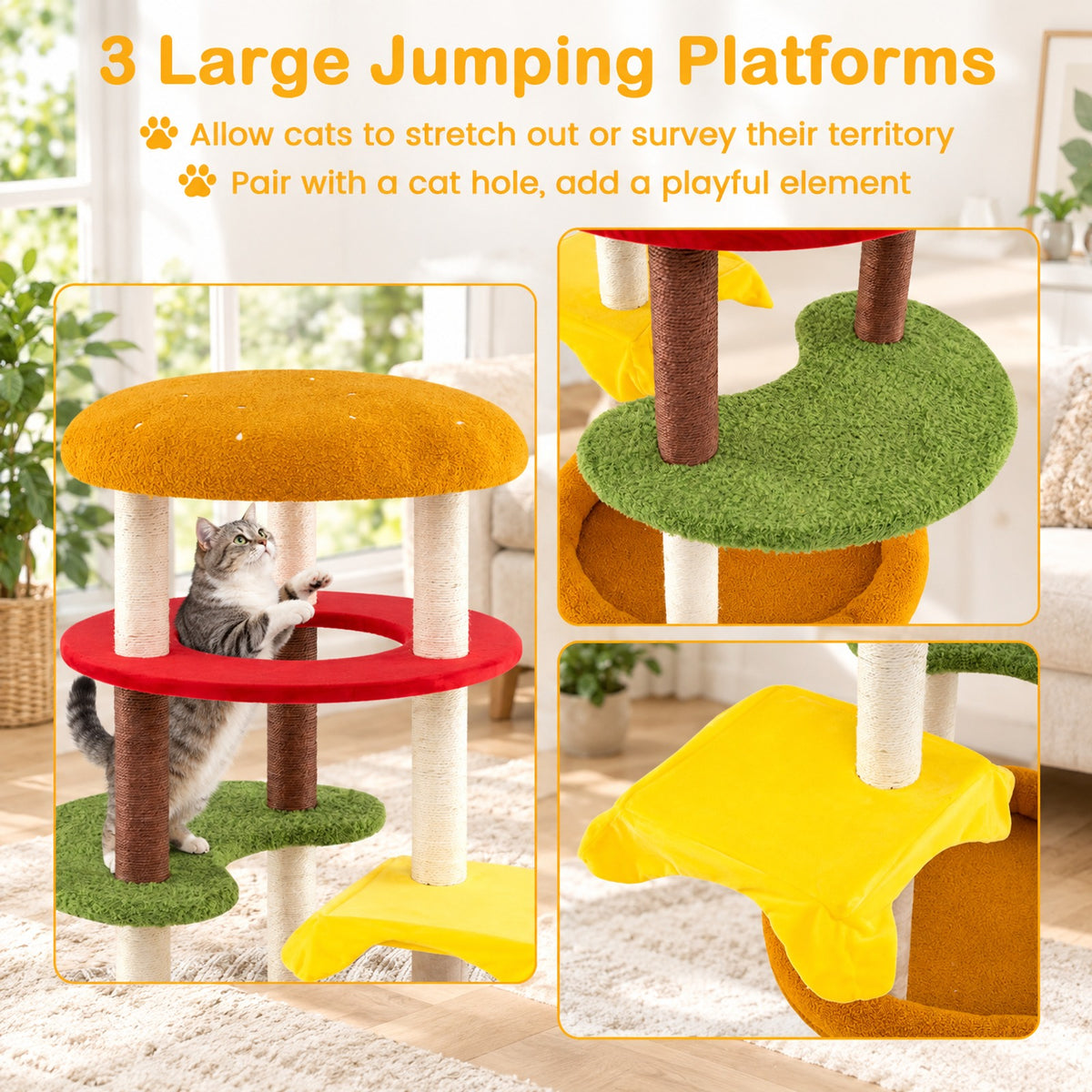 Airfind 42 Inch Tall Modern Cat Tree Multi-Level with Padded Perch and Cat Bed, 22 lbs Capacity, 24in x 42in (Dia. x H) Perch Footprint, Yellow