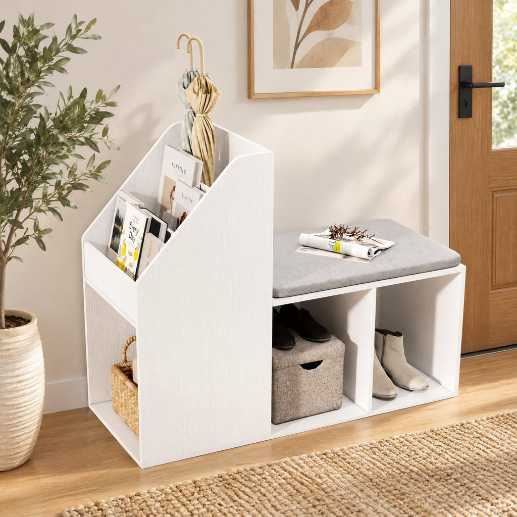 Airfind Shoe Storage Bench with Removable Seat Cushion and 6 Storage Compartments, 200 lbs Capacity, 38in x 15.5in x 31in Footprint, White