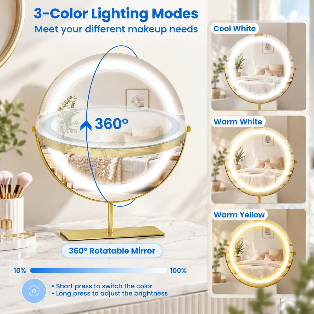 Airfind Vanity Desk with Rotatable Lighted Mirror 55 Inch Makeup Vanity Table, White, Smooth rounded corners for safe use