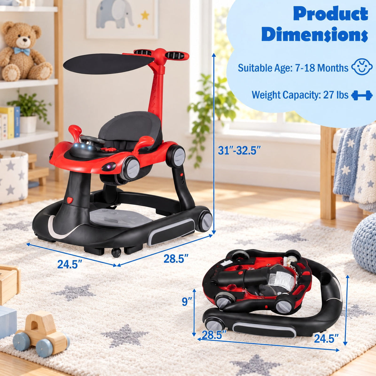 Airfind 6-in-1 Baby Walker with Canopy Portable Activity Center Bouncer Rocker Combo with Music, 27 lbs Capacity, PP ABS Fabric Sponge Frame, Red