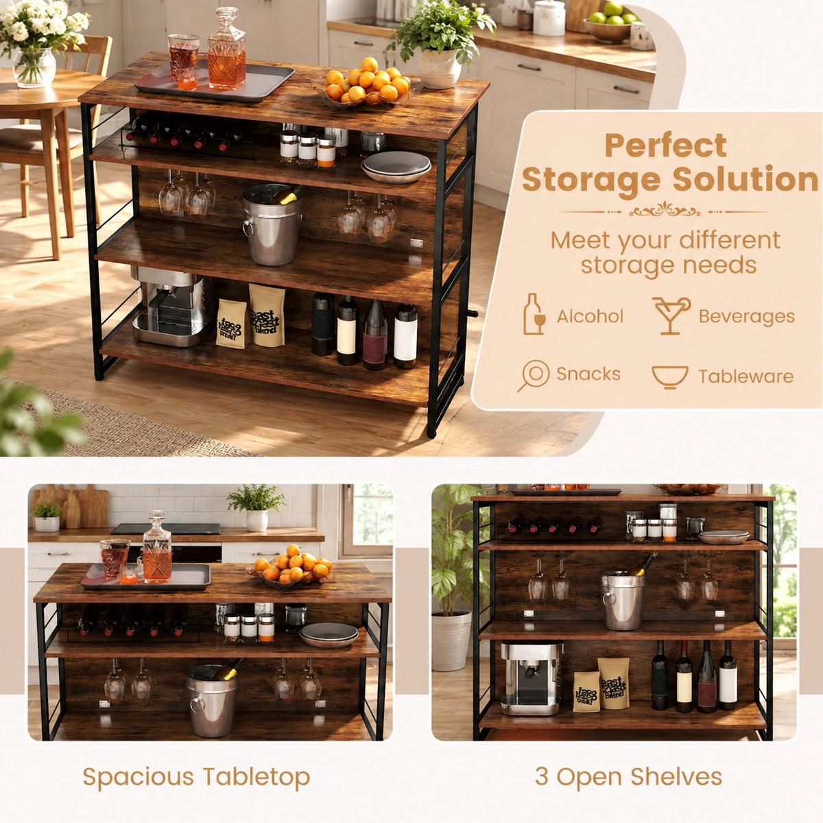Airfind 4-Tier Mini Bar Kitchen Island with Footrest and Wine Rack, 44 lbs Capacity, Engineered Board Metal Frame, 47 Inch x 23.5 Inch x 40 Inch Footprint