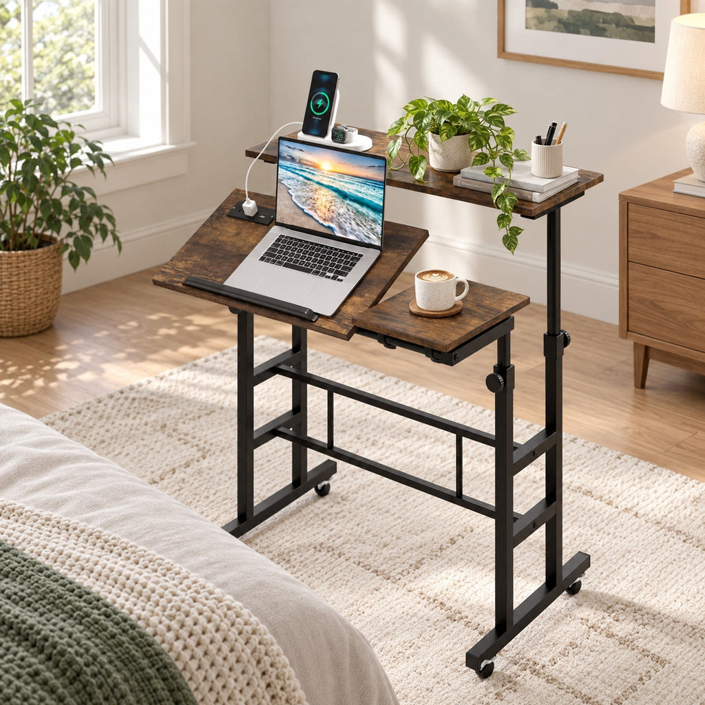 Airfind Height Adjustable Mobile Standing Desk with Power Outlets and Portable Rolling Laptop Cart on Wheels, Brown