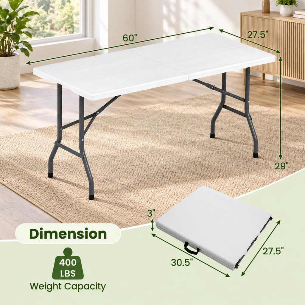 Airfind 5FT Folding Picnic Table with Wood Grain HDPE Tabletop and Non-slip Foot Pads, 400 lbs Capacity, HDPE Metal Frame, White