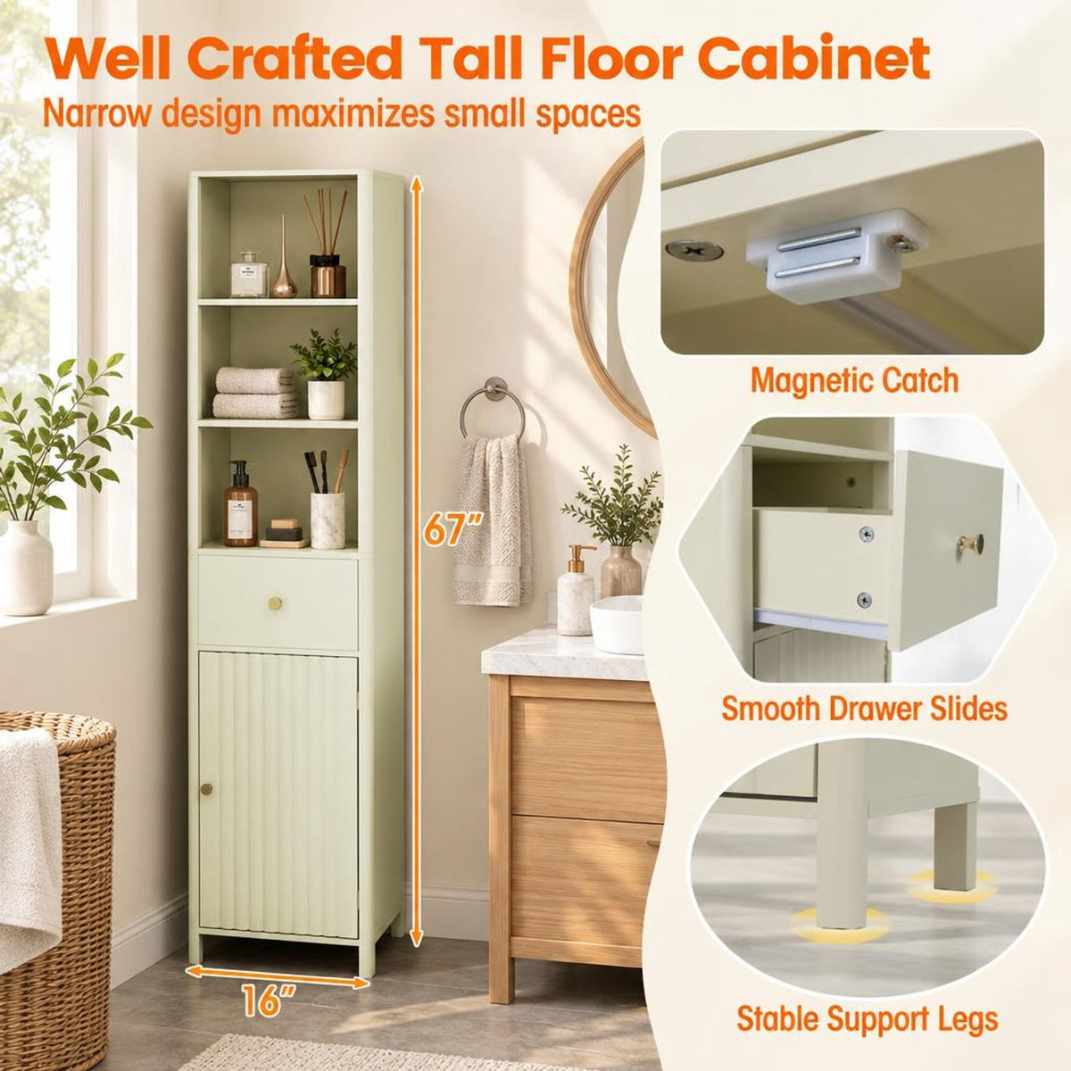 Airfind 67 Inch Tall Bathroom Cabinet Narrow Floor Cabinet with Fluted Door, MDF Frame, 16 Inch x 12 Inch x 67 InchInner Footprint, Beige