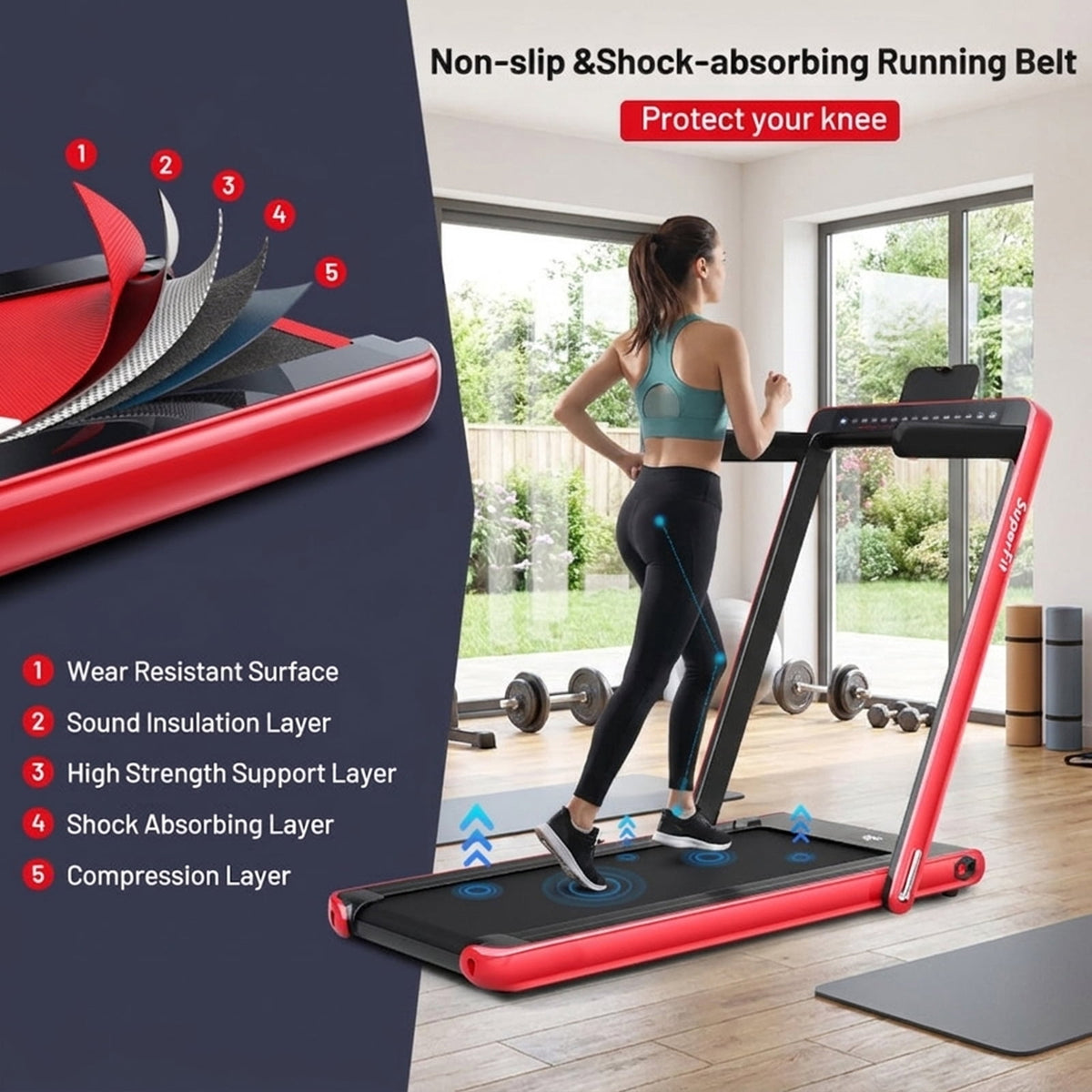 Airfind 2-in-1 Walk-to-Run Folding Treadmill for home with audio console and app sync plus cushioned belt for small spaces, Red